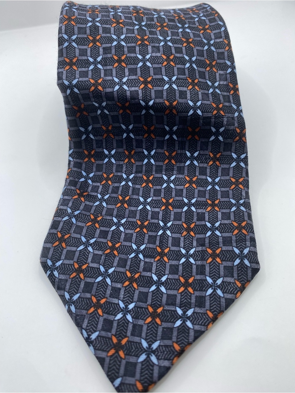 Ermenegildo Zegna Navy Silk Tie with Blue and Orange Geometric Motif